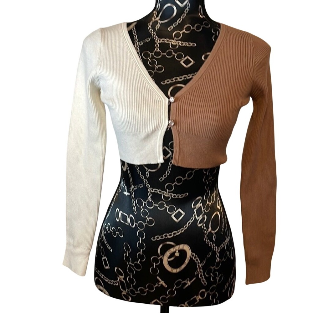 Wild Fable Womens Colorblock Ribbed Cropped Cardigan‎ Tan Cream XS